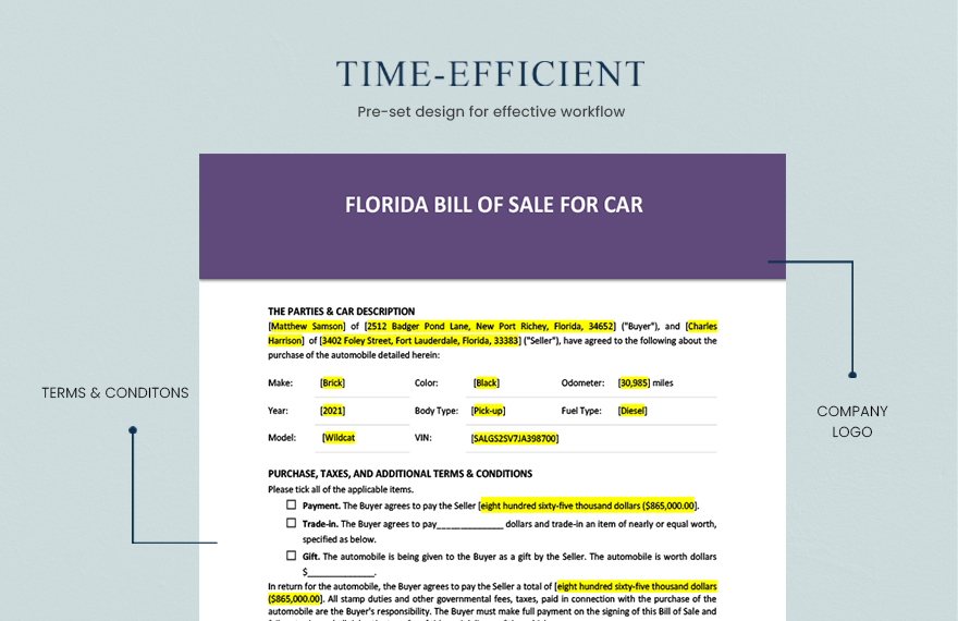 Florida Bill of Sale for Car Template