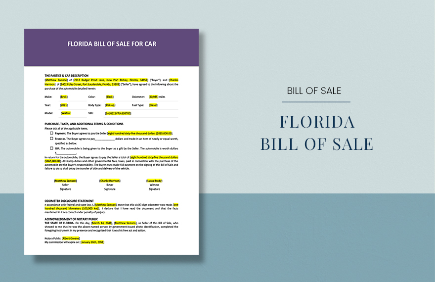 Florida Bill of Sale for Car Template