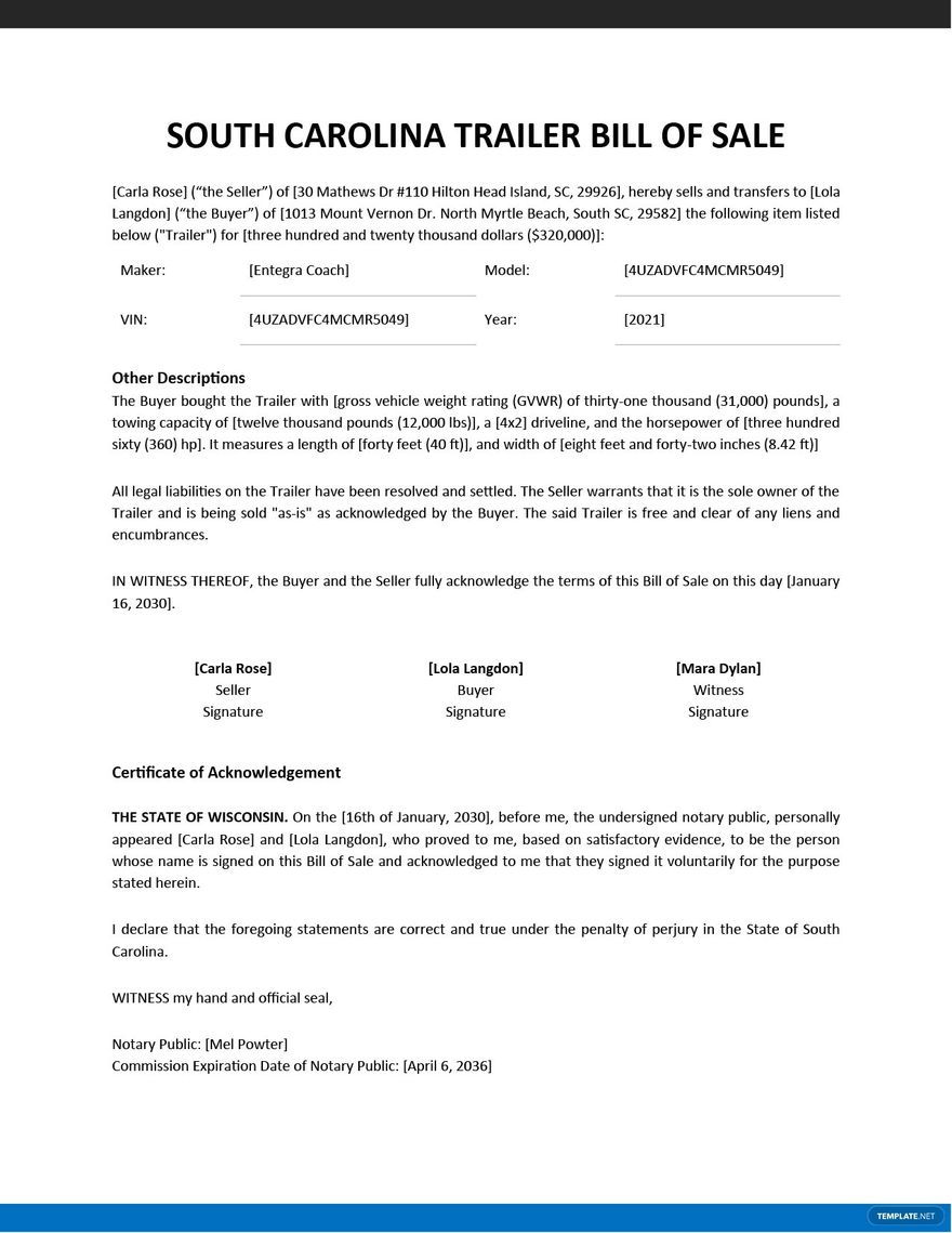 South Carolina Trailer Bill of Sale Template - Google Docs, Word, PDF ...