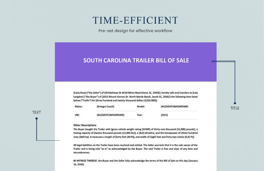 South Carolina Trailer Bill of Sale Template