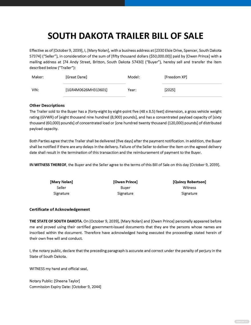 South Dakota RV Bill of Sale Template in PDF Word Google Docs