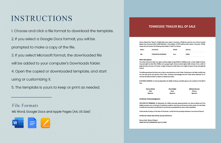 Tennessee Trailer Bill of Sale Template