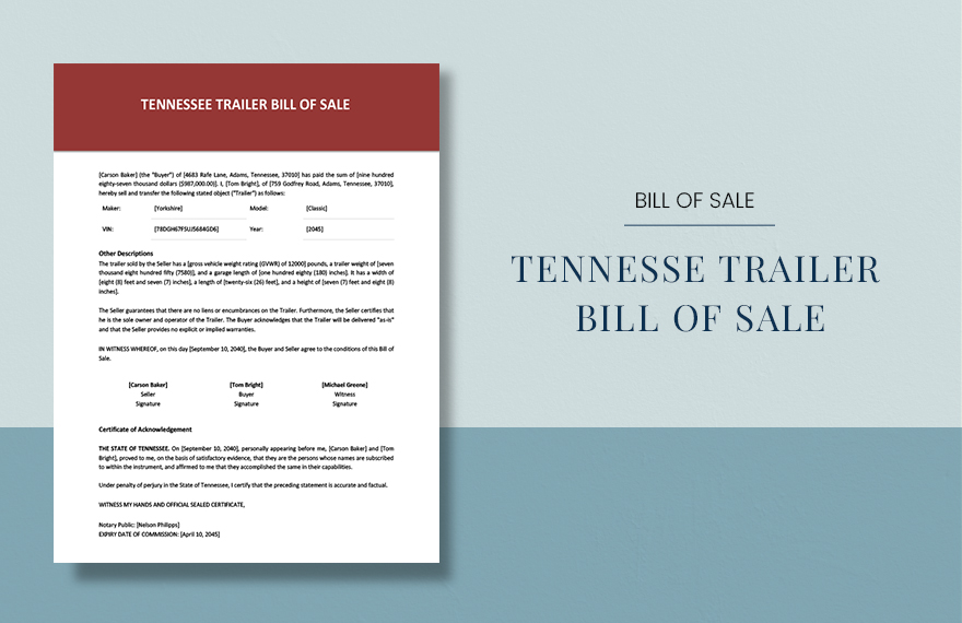 Tennessee Trailer Bill of Sale Template