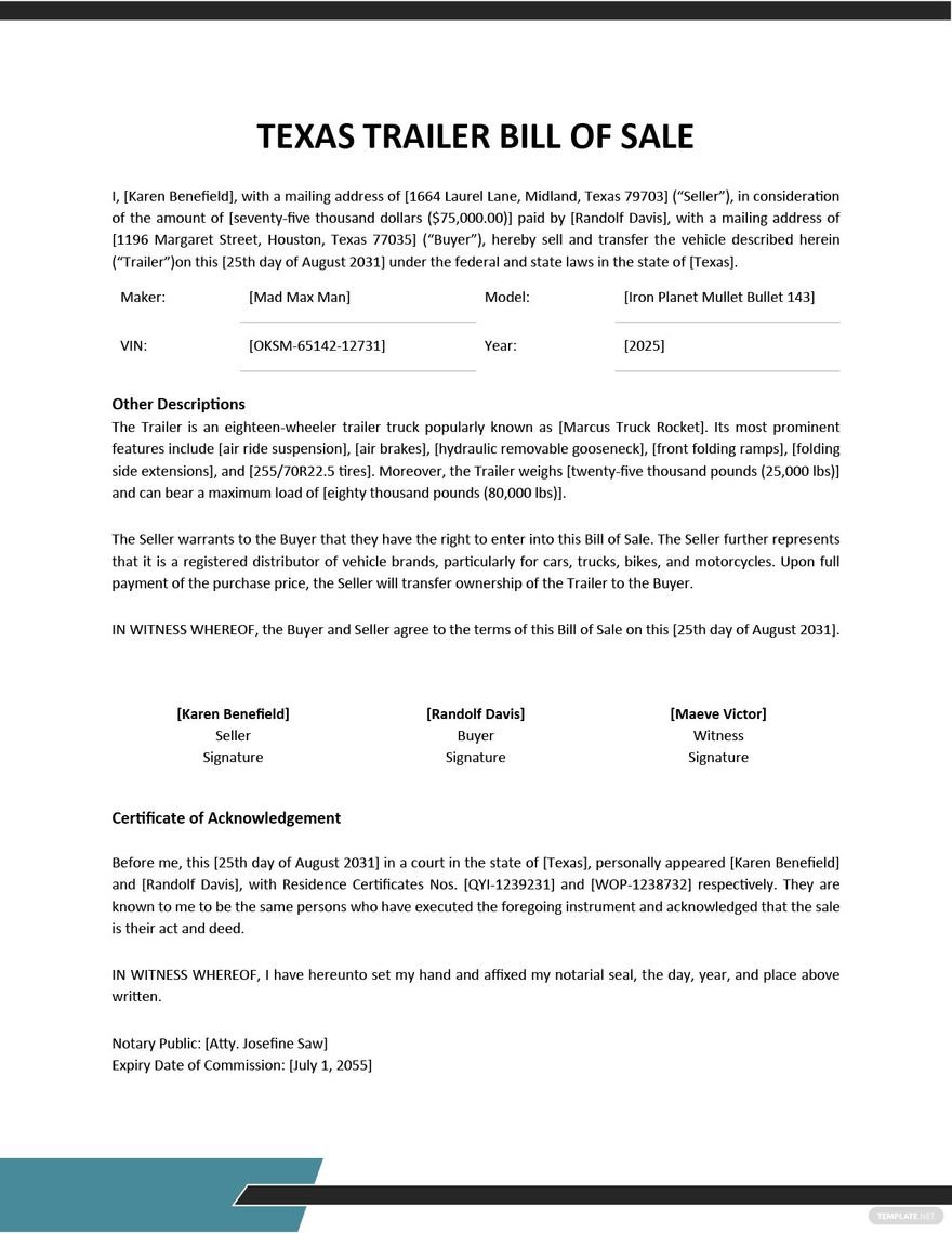 texas trailer bill of sale template google docs word pdf template net