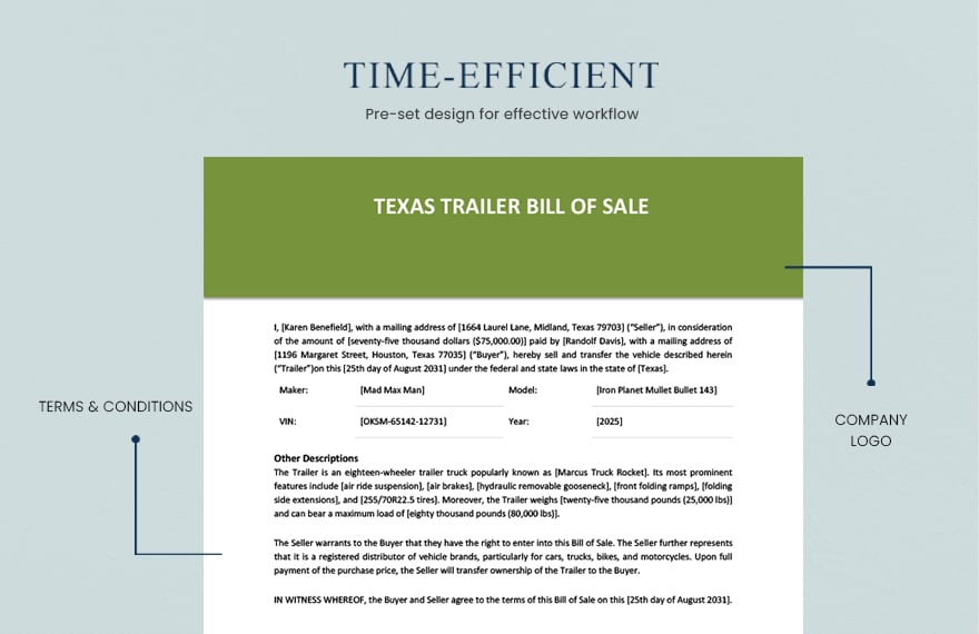 Texas Trailer Bill of Sale Template