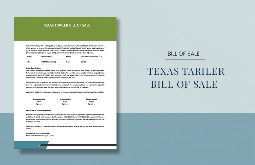 Texas Trailer Bill of Sale Template in Word, Google Docs, PDF