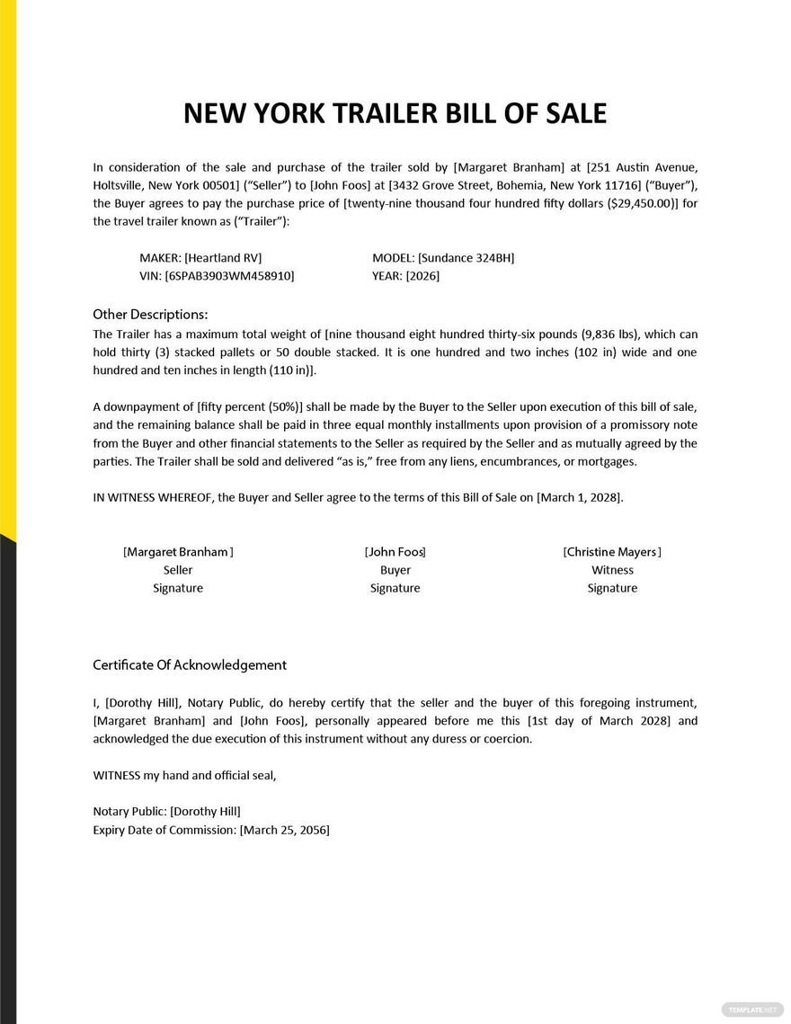 New York Trailer Bill Of Sale Template in Word, Google Docs, PDF
