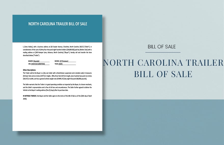 North Carolina Trailer Bill Of Sale Template
