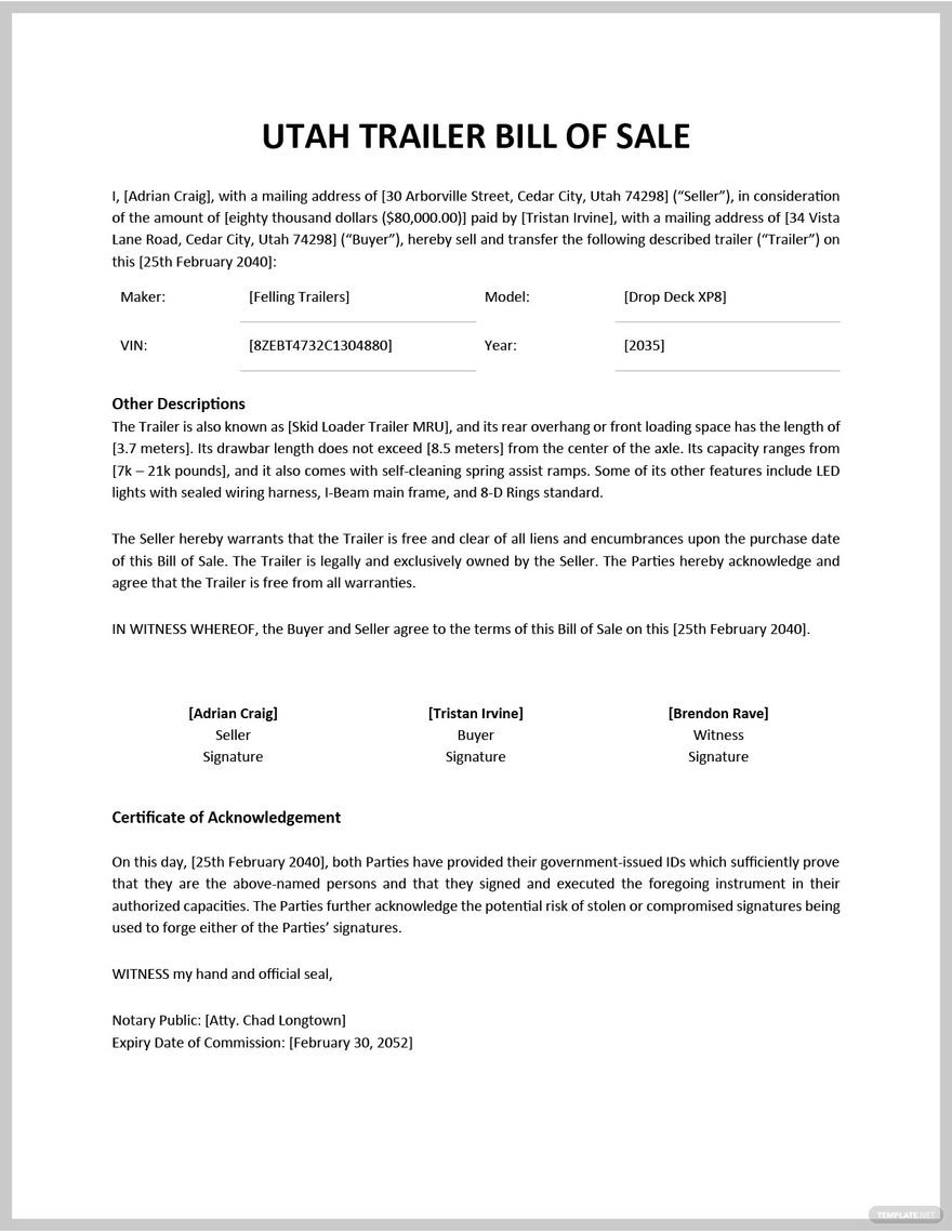Utah Trailer Bill of Sale Form Template in Word, Google Docs, PDF