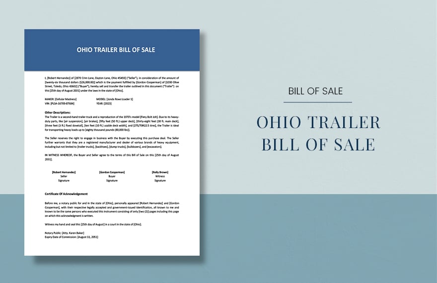 Ohio Trailer Bill Of Sale Template in Word, Google Docs, PDF