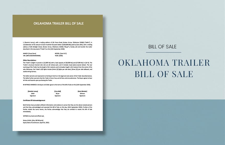 Oklahoma Trailer Bill Of Sale Template