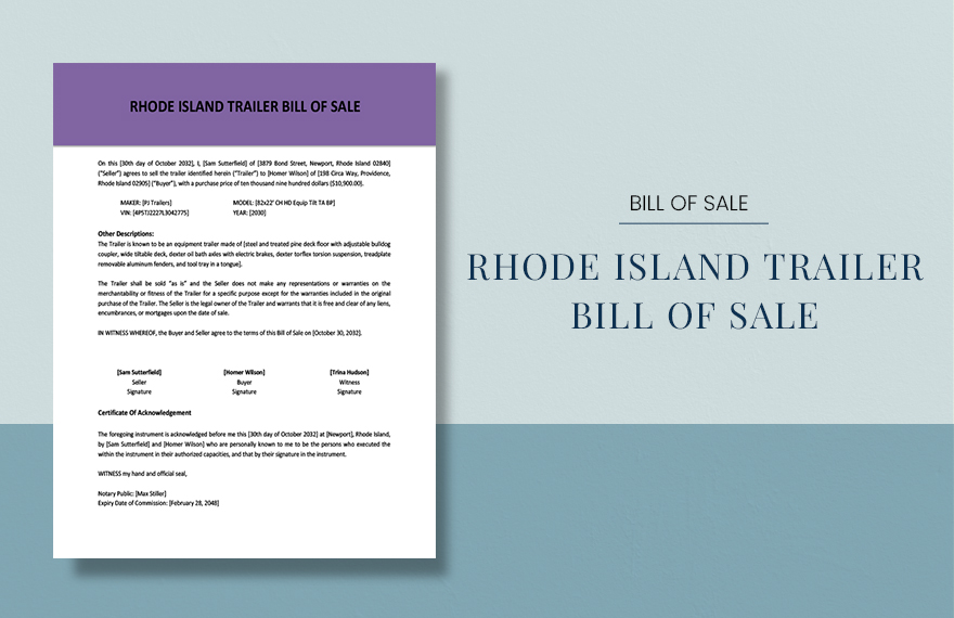 Rhode Island Trailer Bill Of Sale Template in Word, Google Docs, PDF