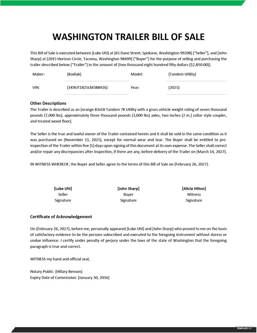 Washington Trailer Bill of Sale Template in Word, Google Docs, PDF