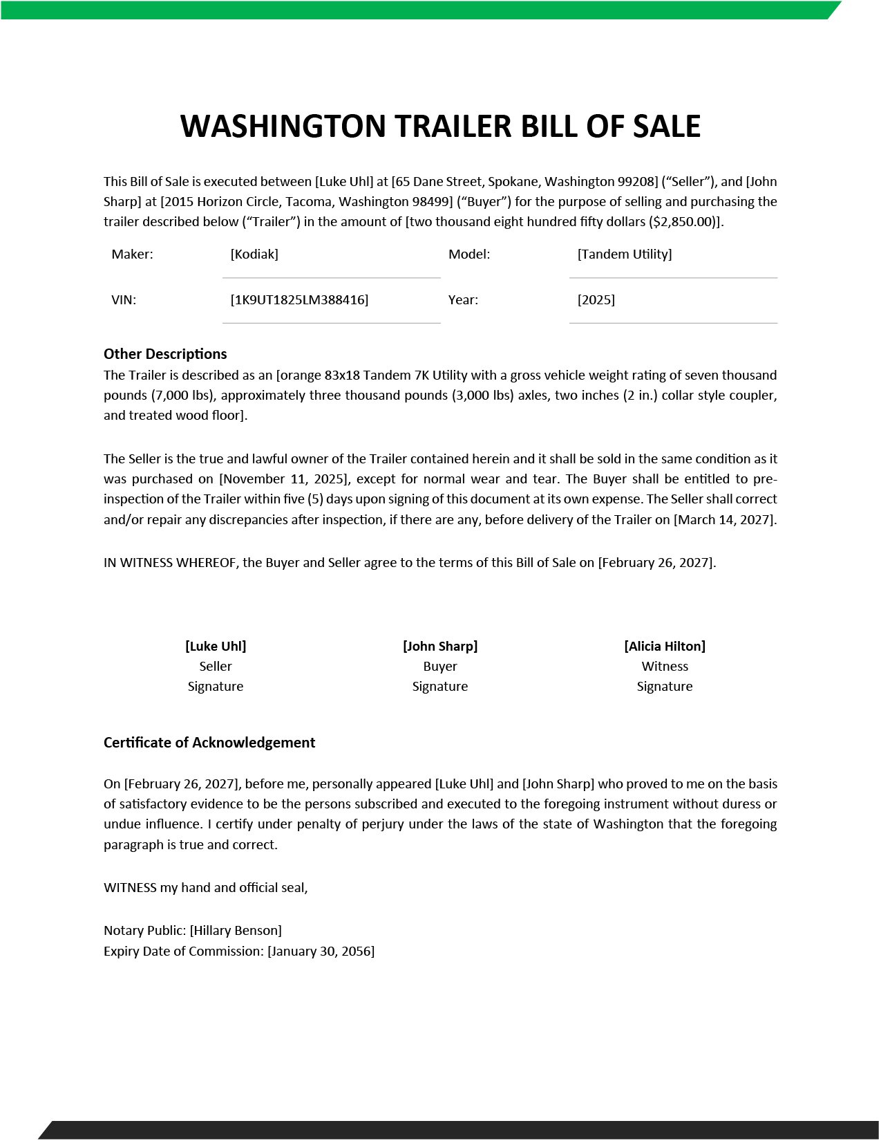 Washington Real Estate Bill of Sale Template Google Docs Word PDF