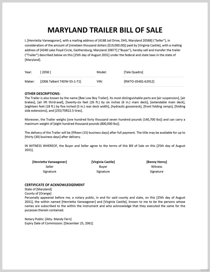 Maryland Trailer Bill of Sale Template