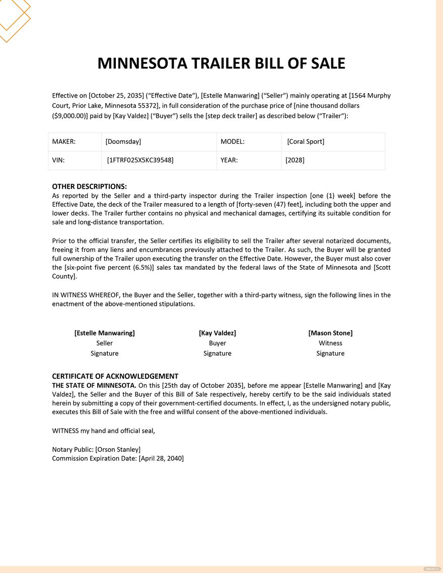 Minnesota Trailer Bill of Sale Template in Word, PDF, Google Docs - Download | Template.net