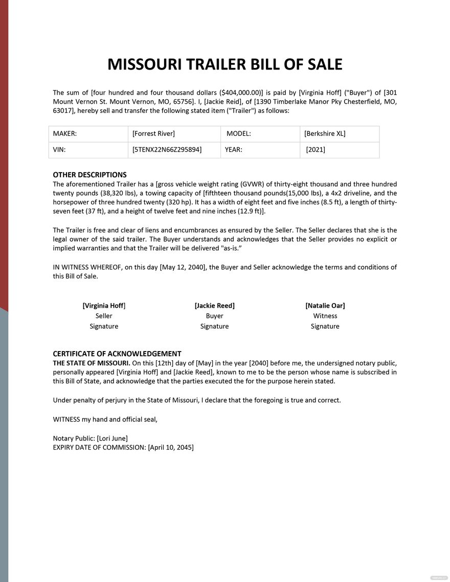 Missouri Trailer Bill Of Sale Template Google Docs Word PDF Template