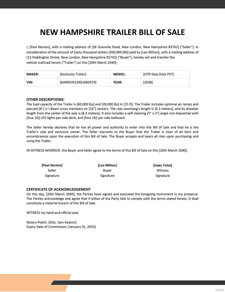 Free New Hampshire Trailer Bill of Sale Form Template in Word, Google Docs, PDF