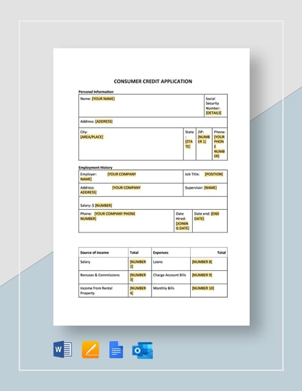 Consumer Credit Application Template - Google Docs, Google Sheets, Word, Apple Pages