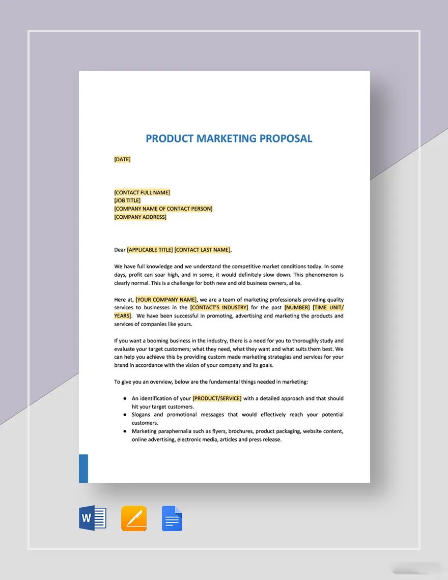 Product Marketing Proposal Template Google Docs, Word, Apple Pages