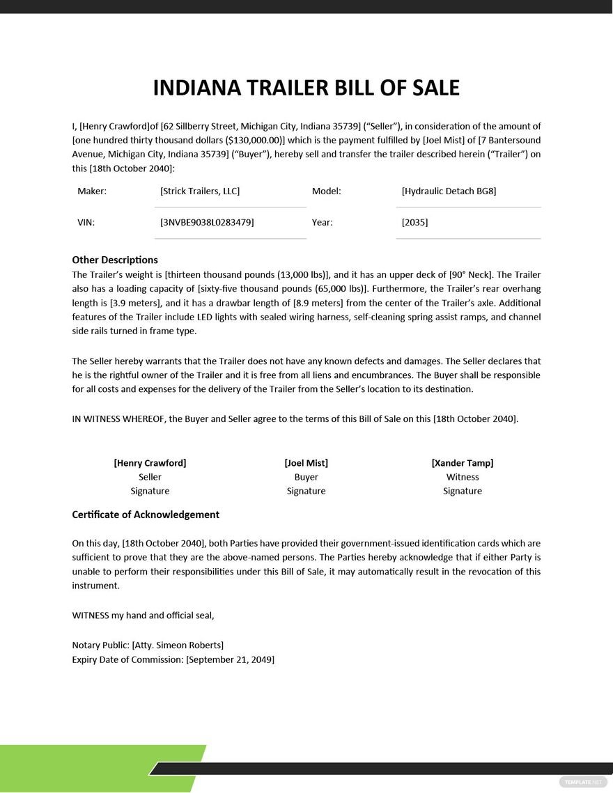 Indiana Trailer Bill of Sale Template in Word, Google Docs, PDF