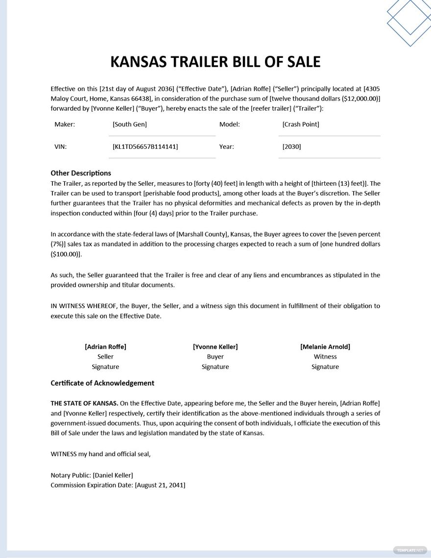 Kansas Trailer Bill Of Sale Template Google Docs Word PDF 