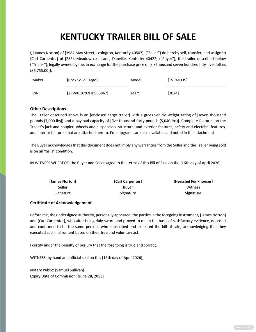 Kentucky Trailer Bill of Sale Template - Google Docs, Word, PDF ...