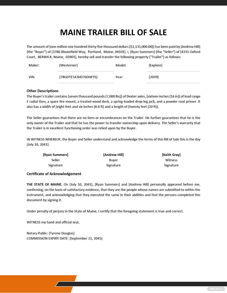 Maine Trailer Bill of Sale Template Google Docs, Word, PDF