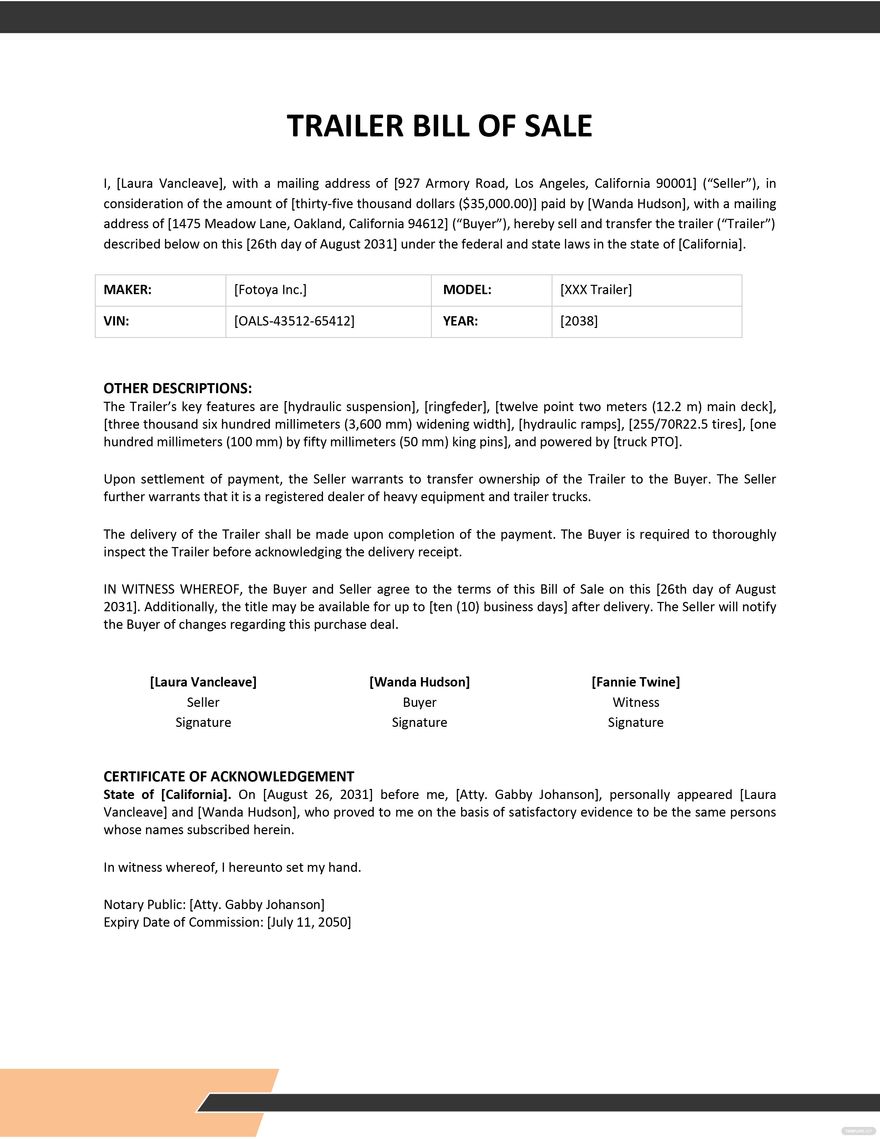 Trailer Bill Of Sale Template Google Docs Word PDF Template