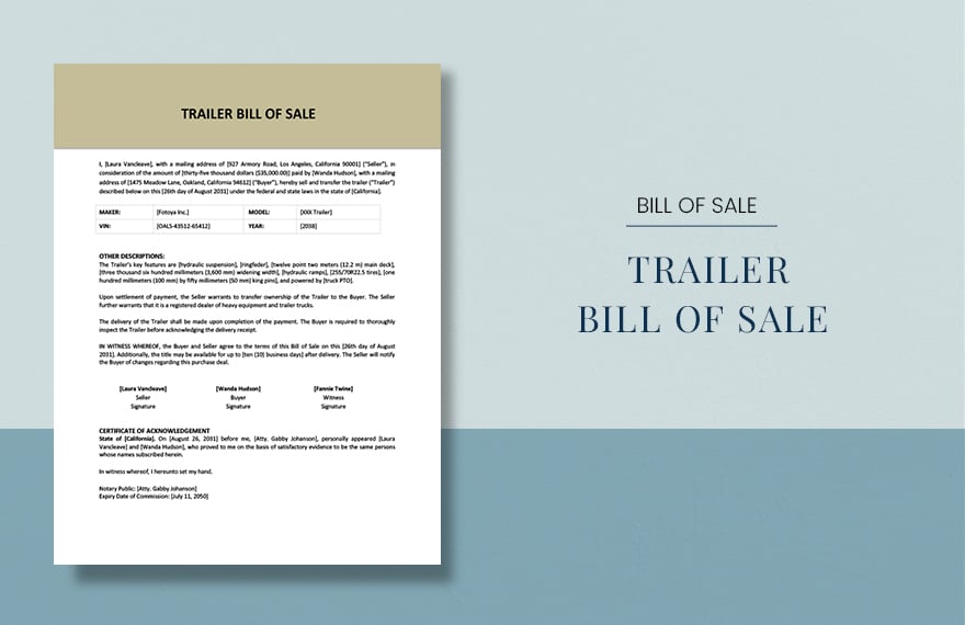 Trailer Bill of Sale Template in Word, Google Docs, PDF