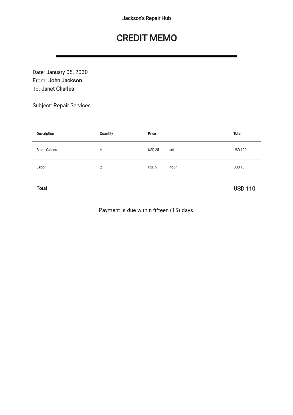 credit memo excel