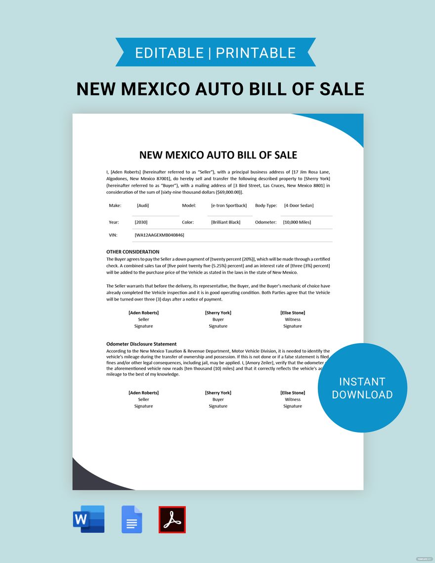 New Mexico Auto Bill Of Sale Form Template Download In Word Google 
