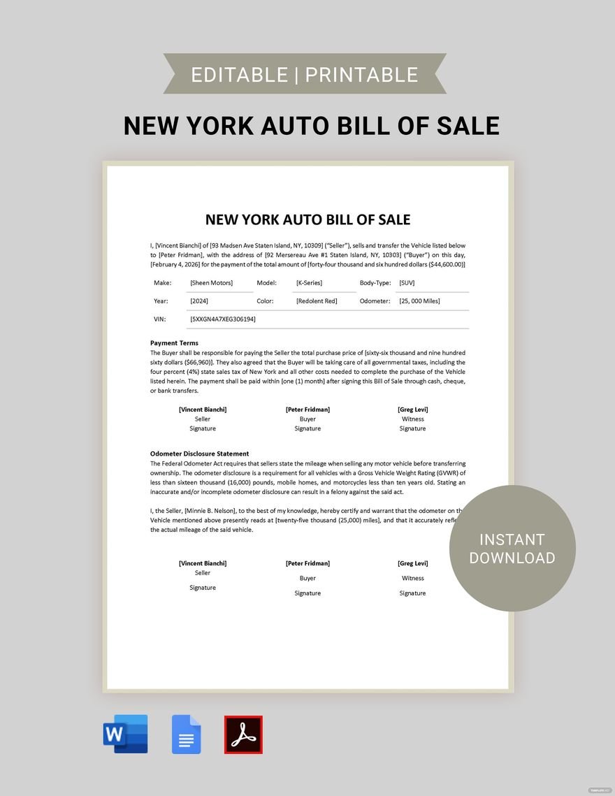 New York Auto Bill of Sale Template