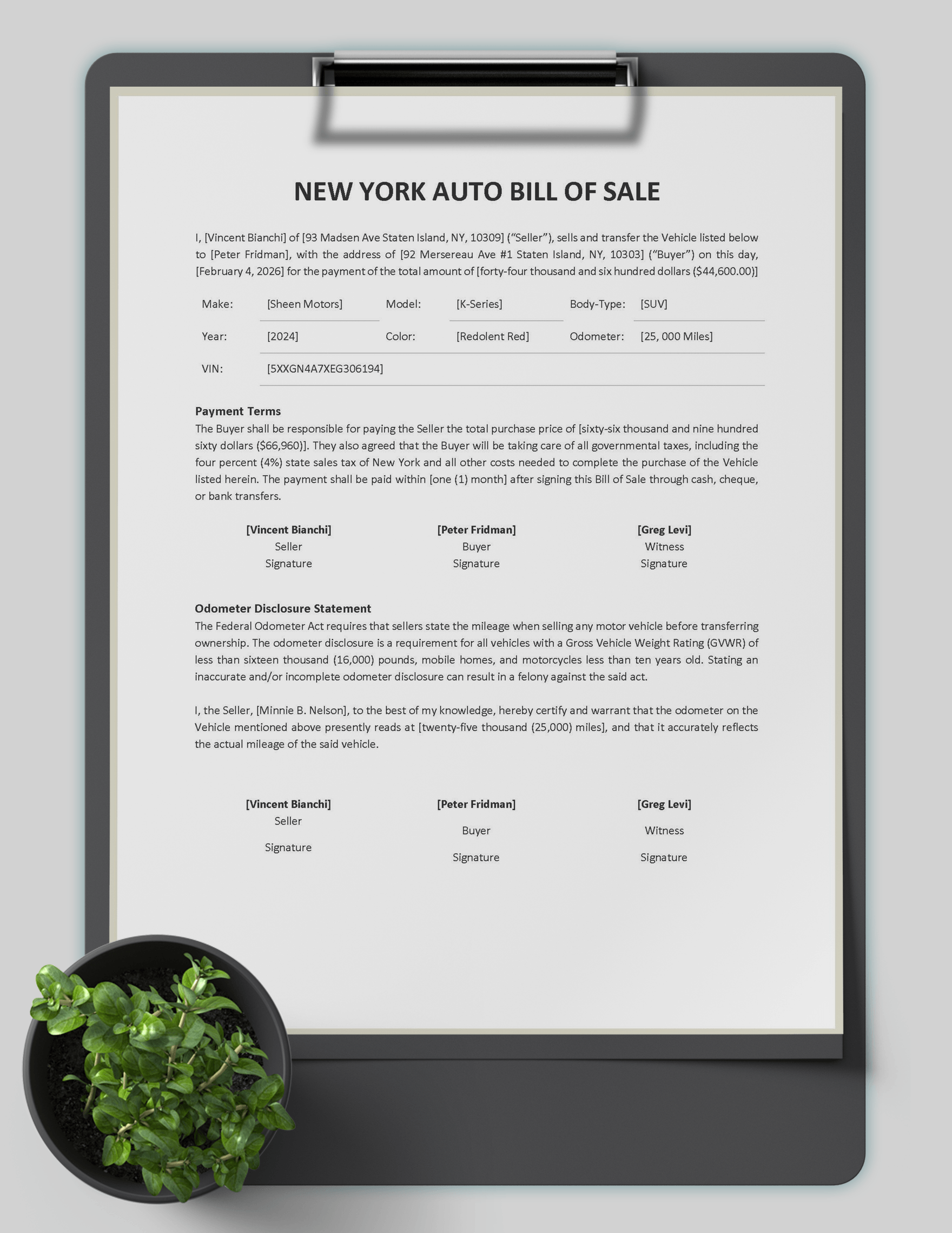 New York Auto Bill of Sale Template