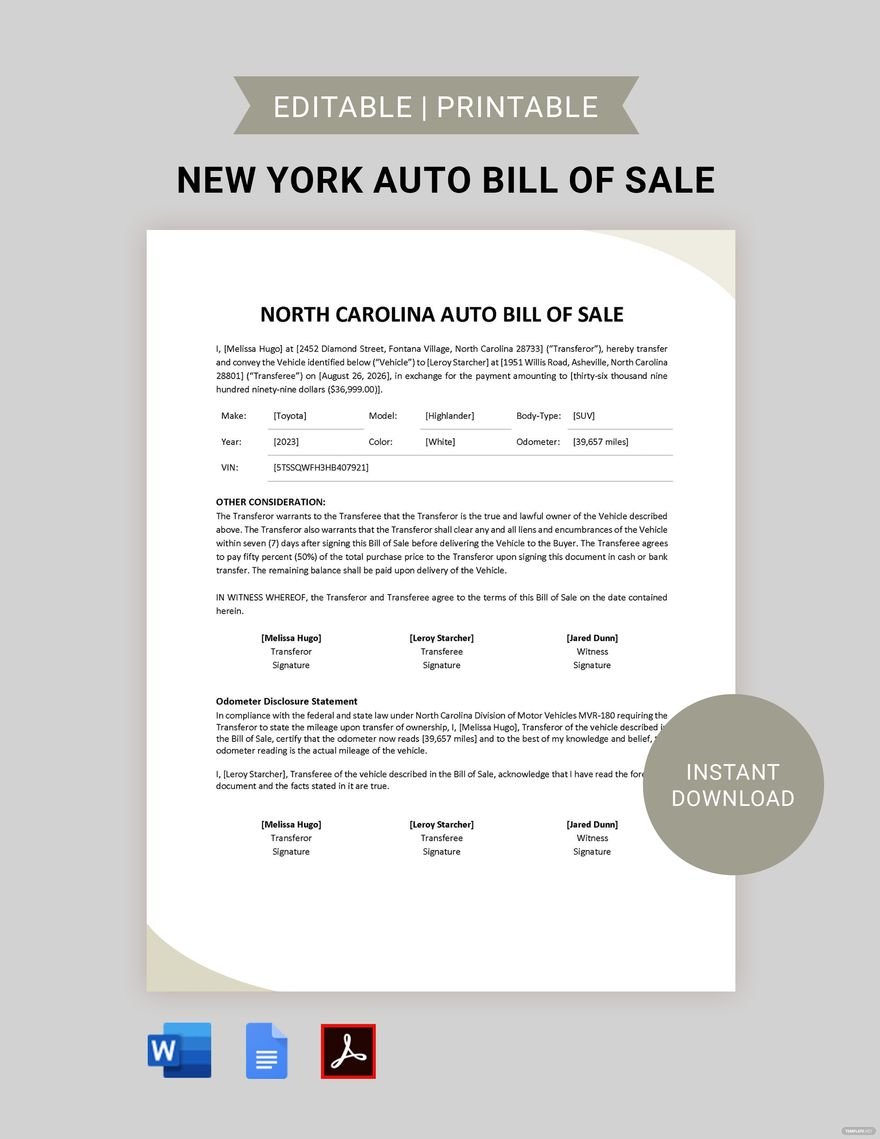North Carolina Auto Bill of Sale Template