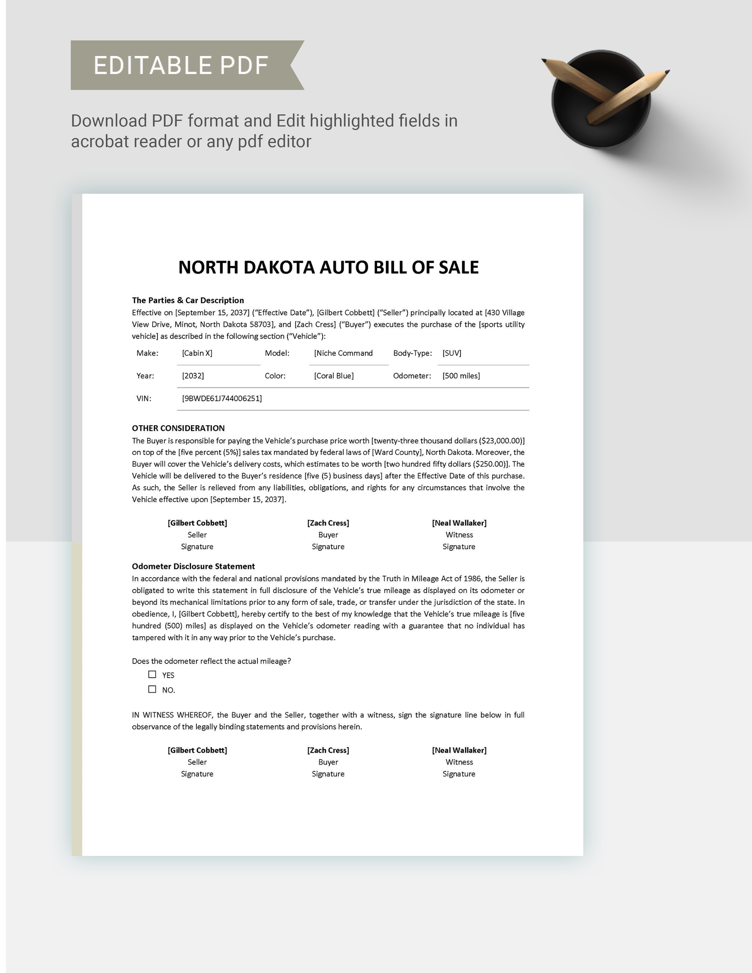 North Dakota Auto Bill of Sale Template