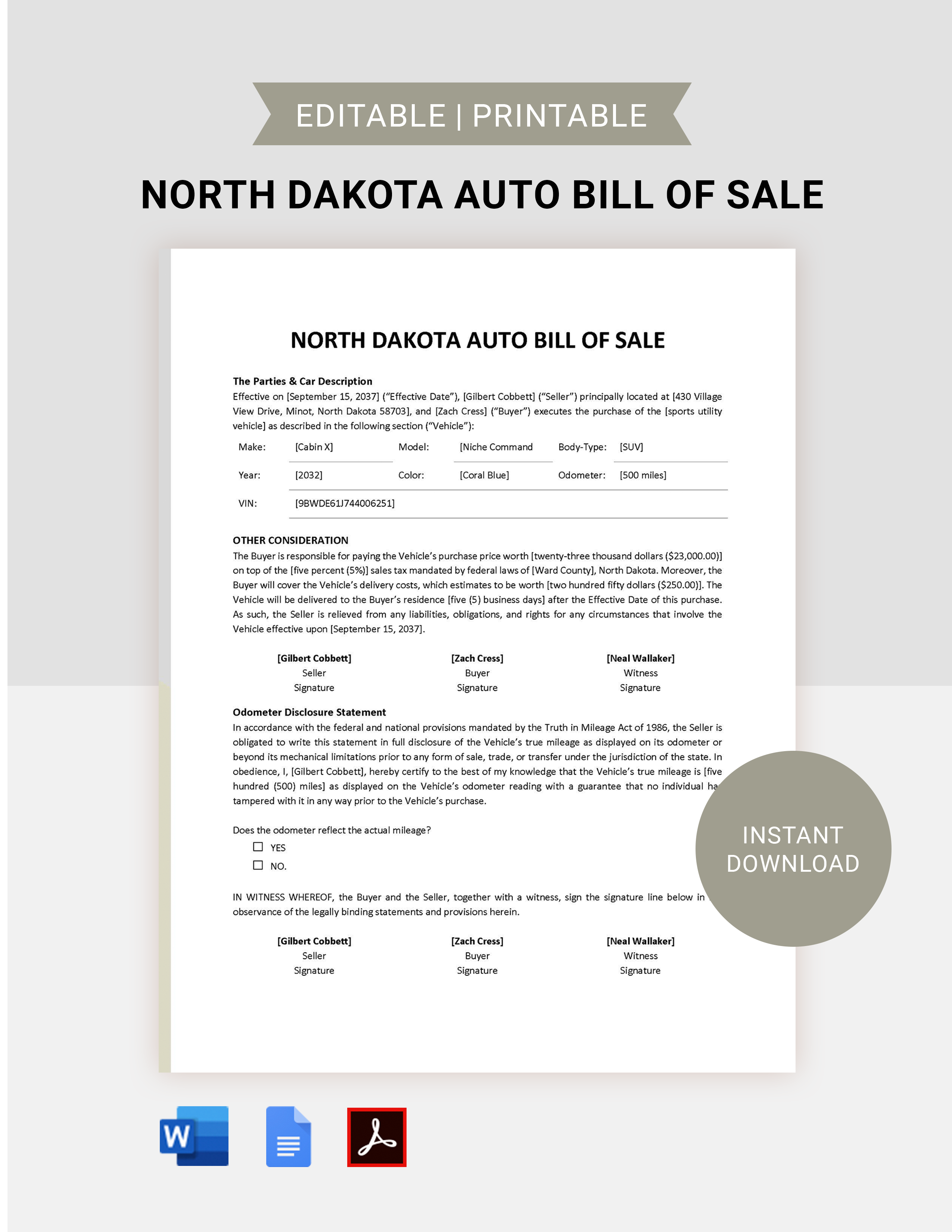 North Dakota Auto Bill of Sale Template