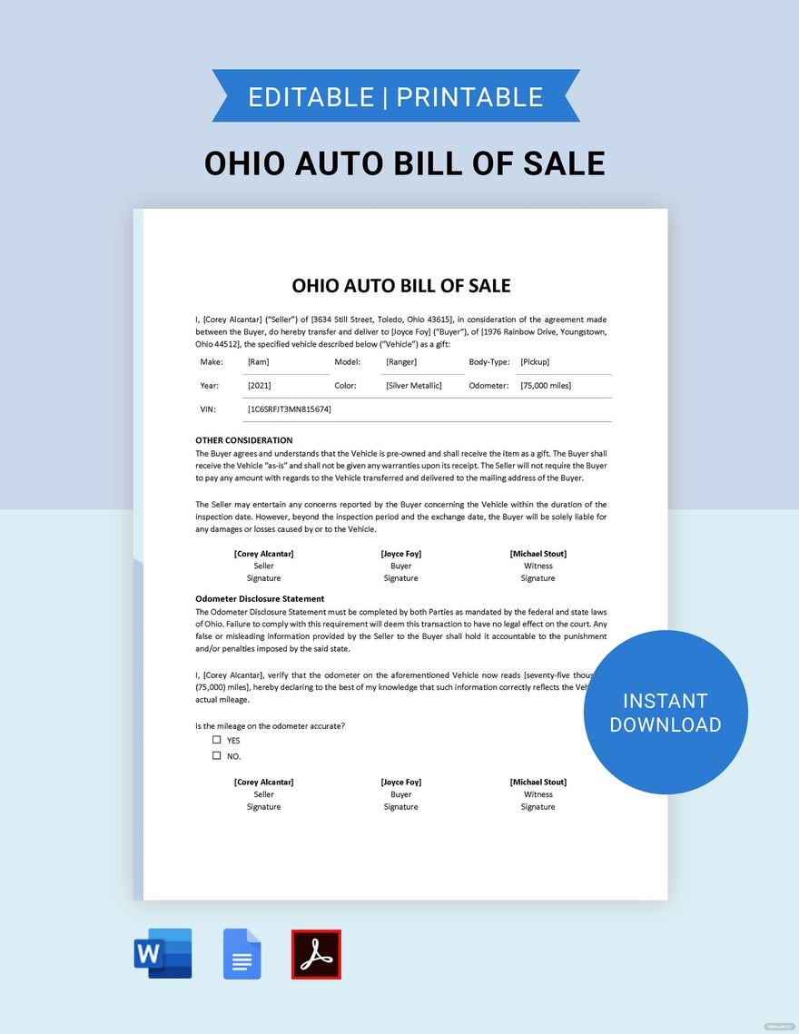 Ohio Auto Bill of Sale Template in Word, Google Docs, PDF
