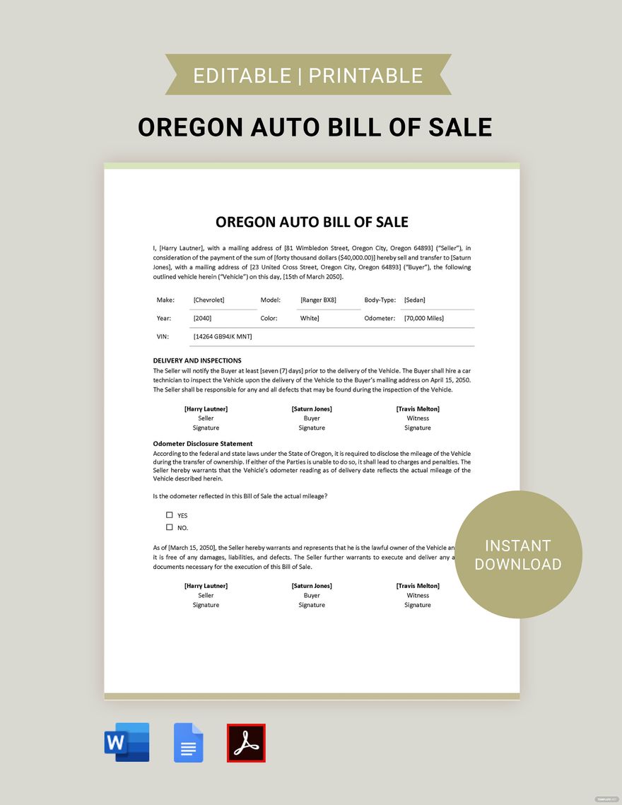 Oregon Auto Bill of Sale Template in PDF Word Google Docs Download