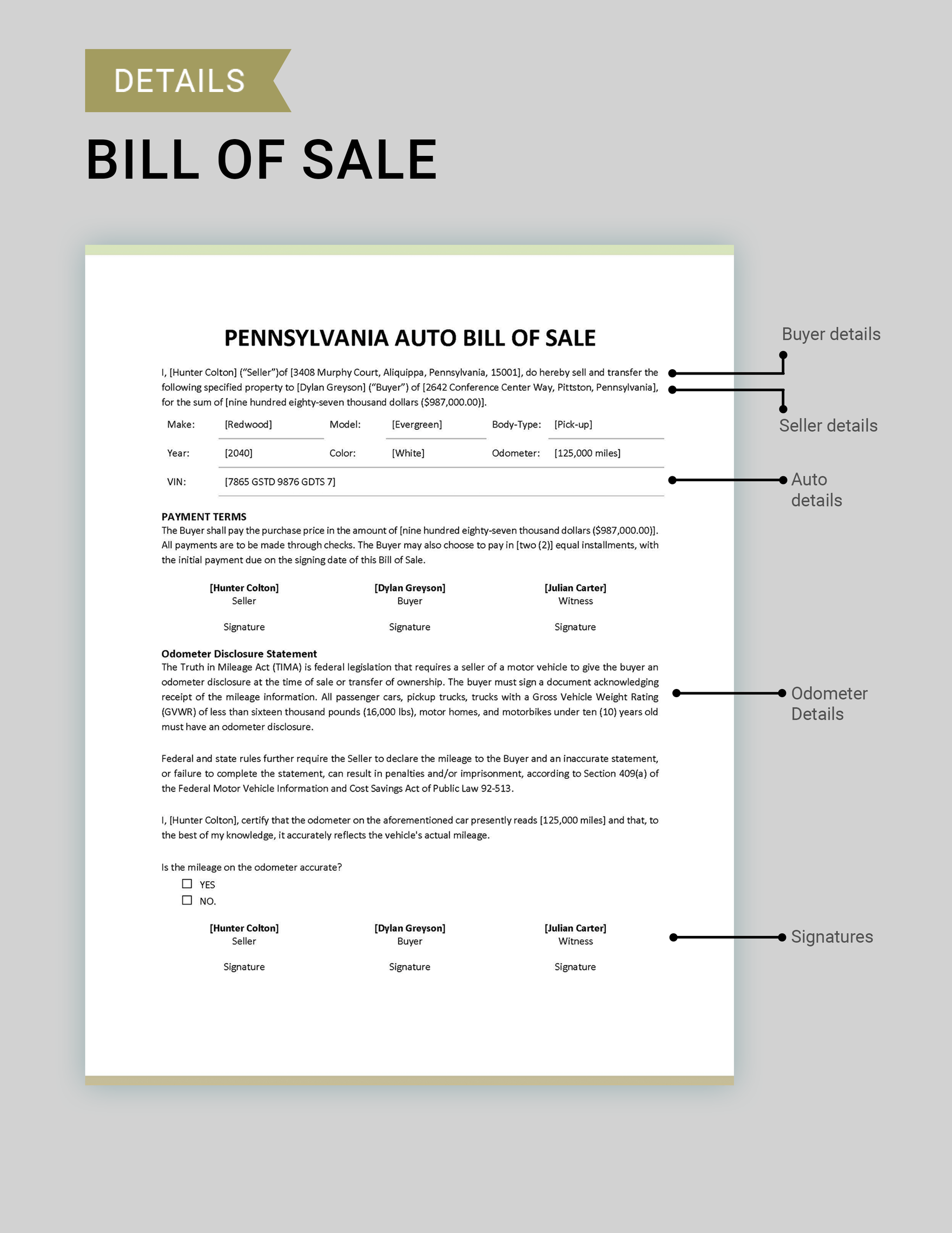 Pennsylvania Auto Bill of Sale Template