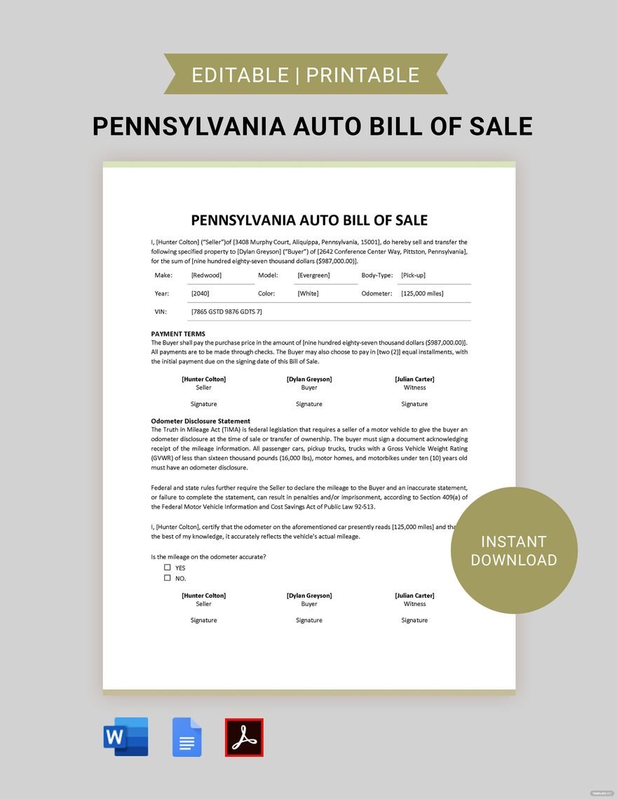 Pennsylvania Auto Bill of Sale Template in Word, Google Docs, PDF