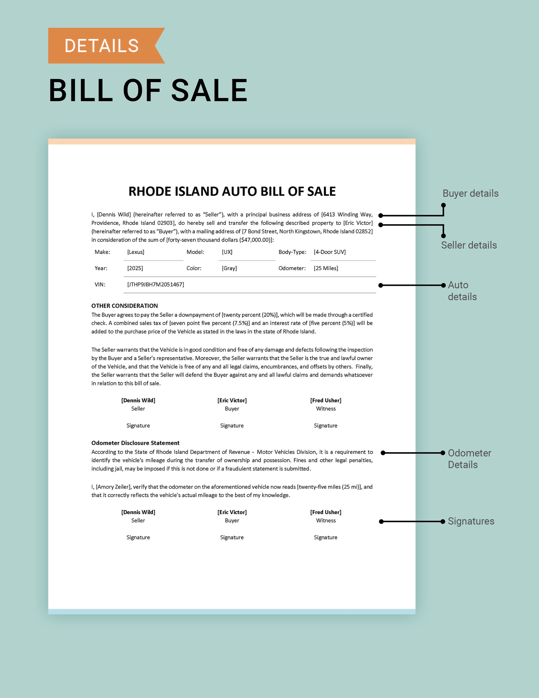 Rhode Island Auto Bill of Sale Template