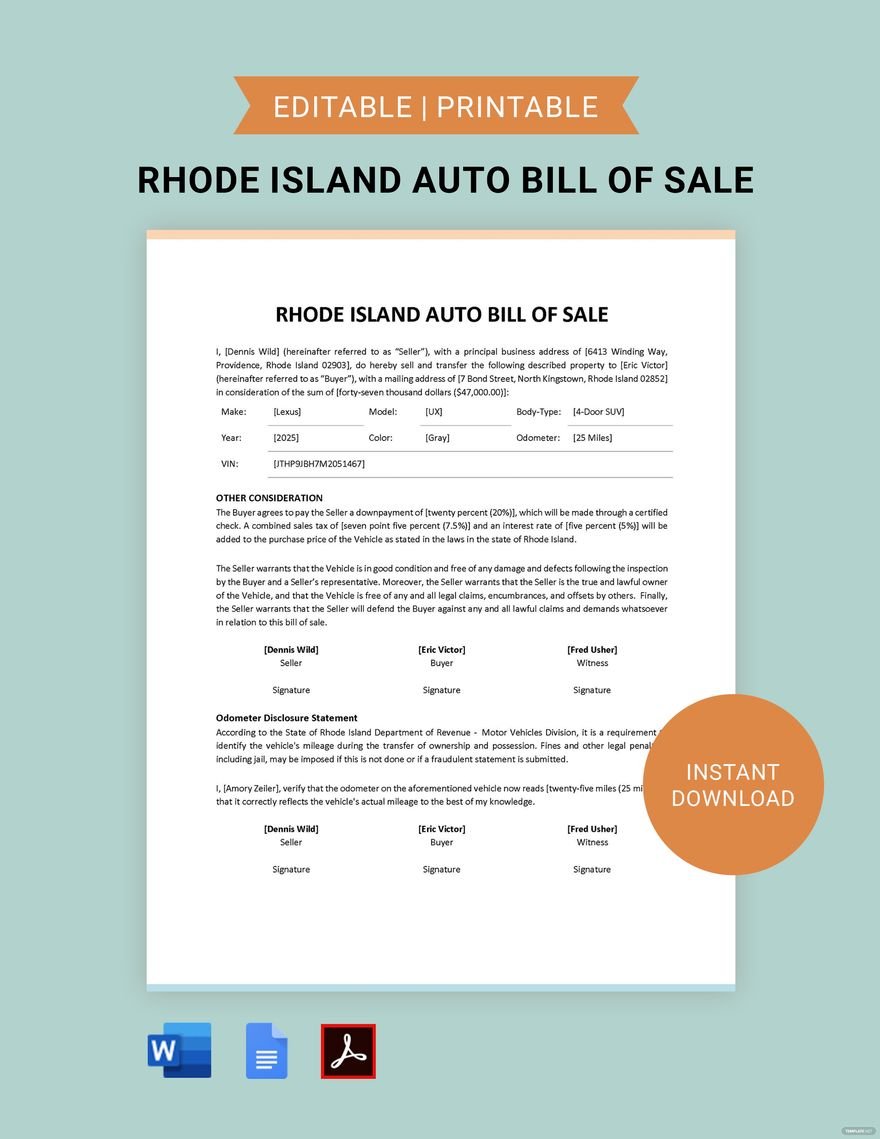Rhode Island Auto Bill of Sale Template in Word, Google Docs, PDF