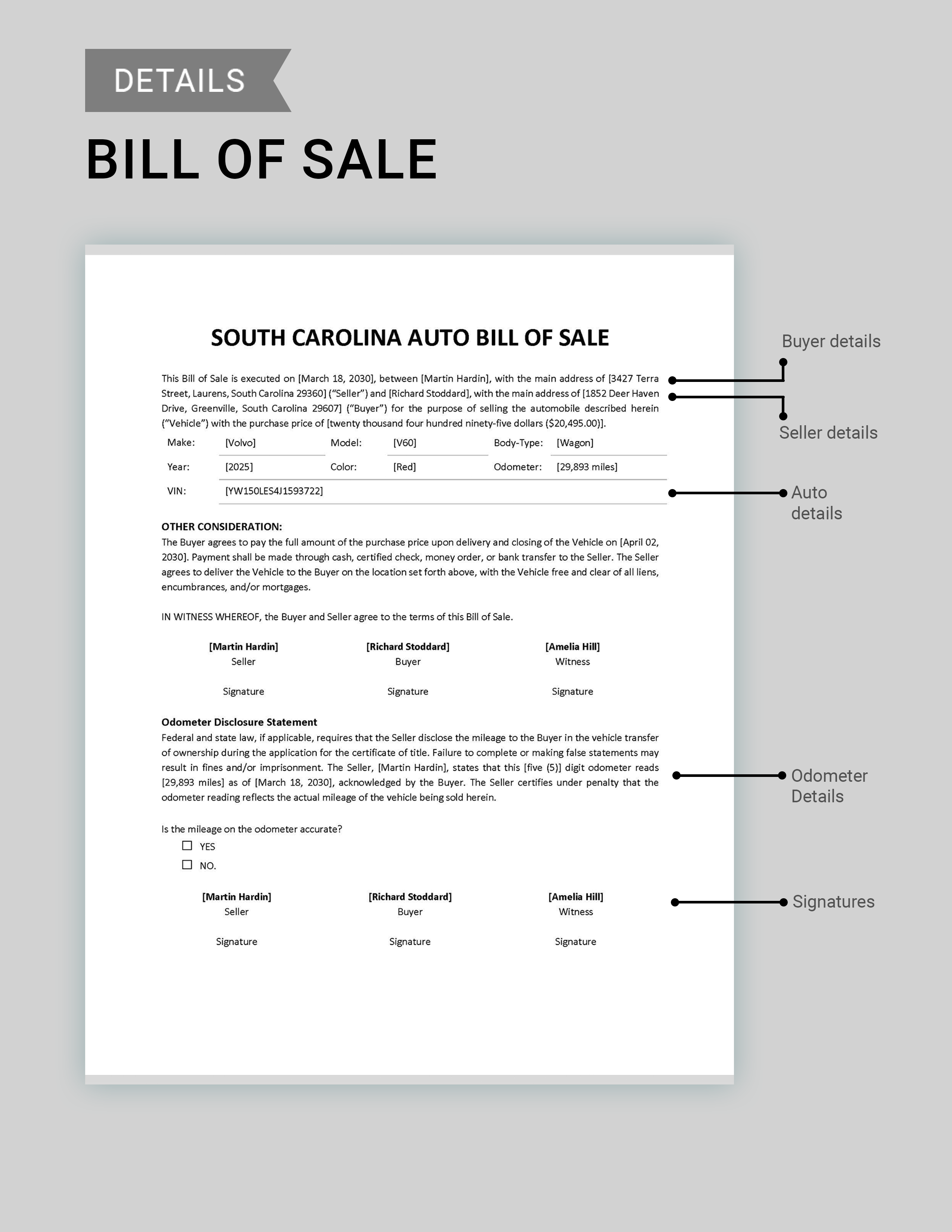 South Carolina Auto Bill of Sale Template