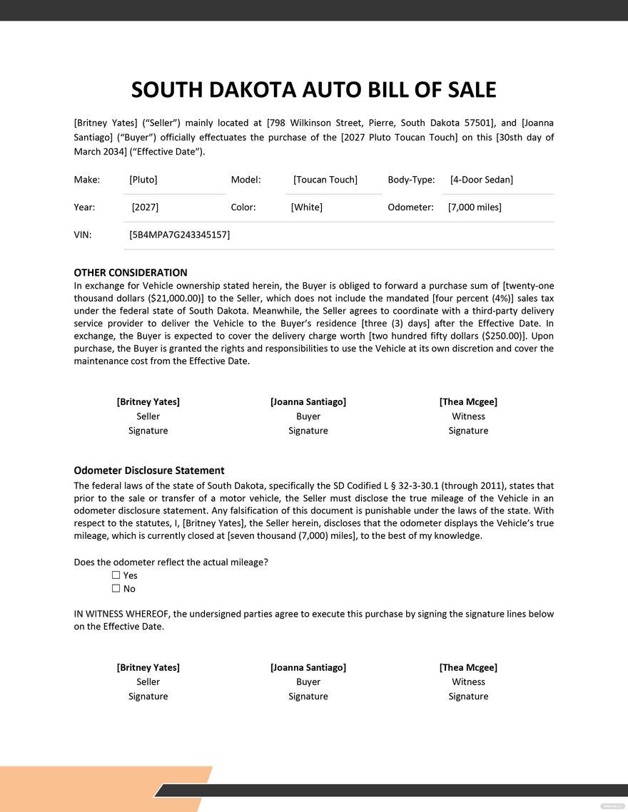 South Dakota Auto Bill of Sale Template in Word PDF Google Docs