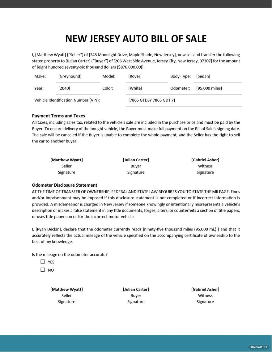 New Jersey Auto Bill of Sale Template