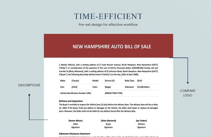 New Hampshire Auto Bill of Sale Template