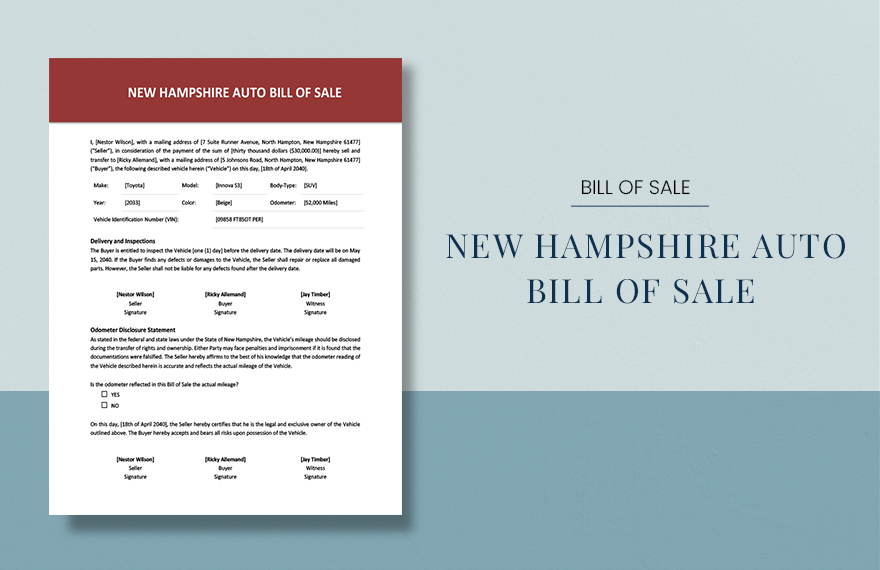 New Hampshire Auto Bill of Sale Template