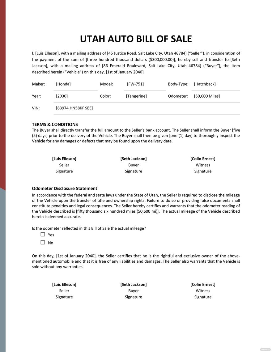 Utah Equipment Bill of Sale Template in Word Google Docs PDF