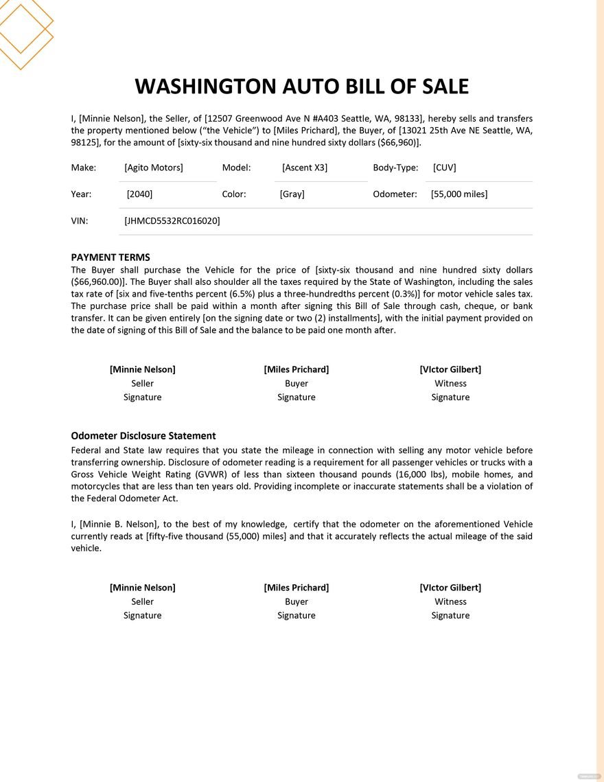 Washington Auto Bill of Sale Template in Word, Google Docs, PDF
